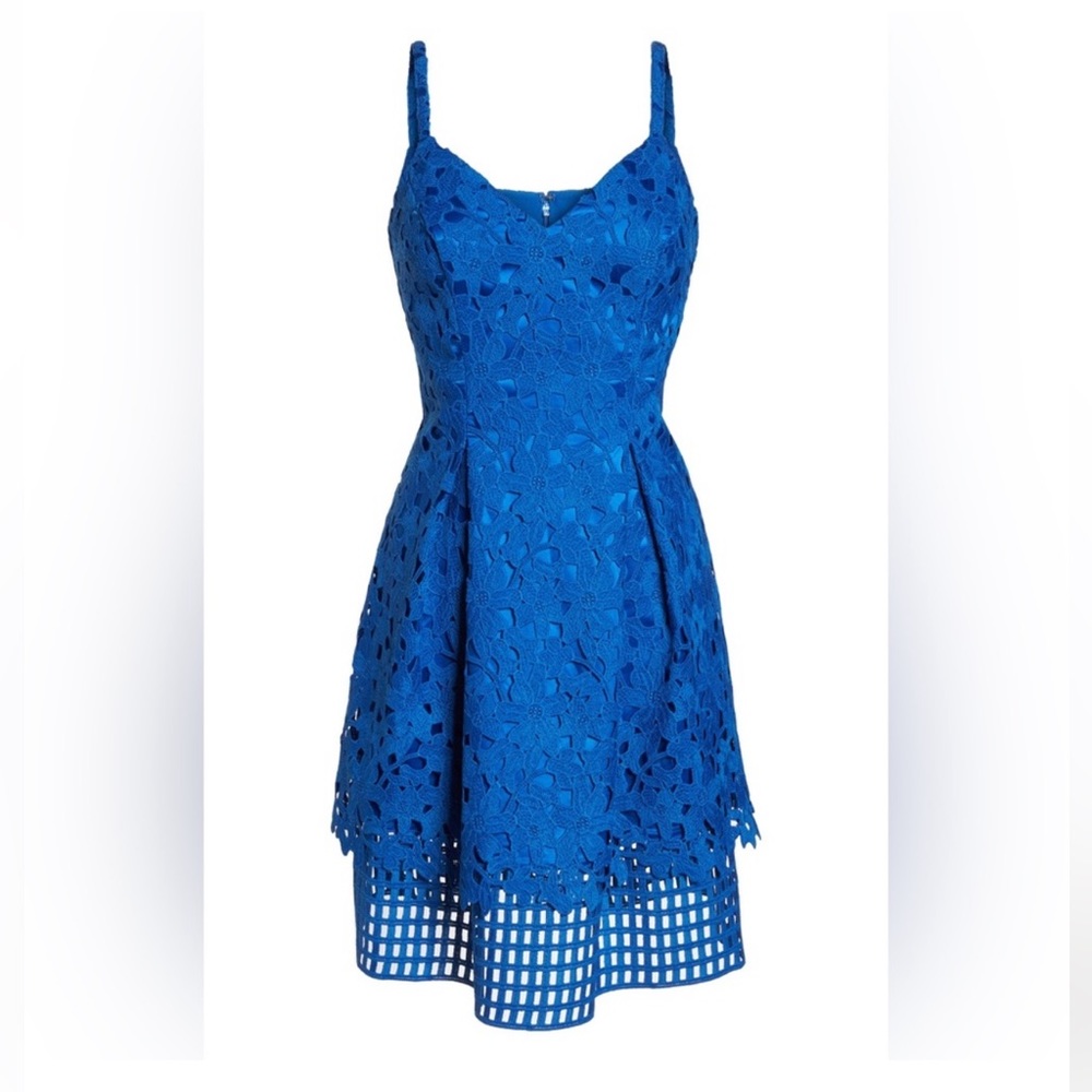 VINCE CAMUTO Lace Illusion-Hem‎ A-Line
Dress Cobalt Royal Blue